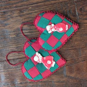 Vintage Quilted and Beaded Heart Christmas Ornaments with Charming Pins